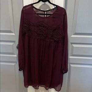 Burgundy Long Sleeve Flowy Dress with sheer and lace